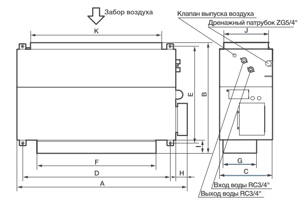 Канальный фанкойл чертеж